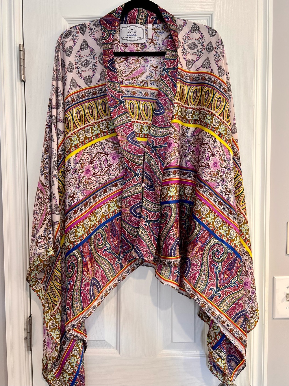 KAS x Anthropologie Paisley Multicolor Kaftan Poncho Open Cardigan Mixed Print L